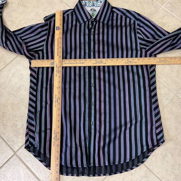 Robert Graham Flip Cuff strip Shirt Men's Large Paisley Long Sleeve Black Purple - Picture 9 of 16